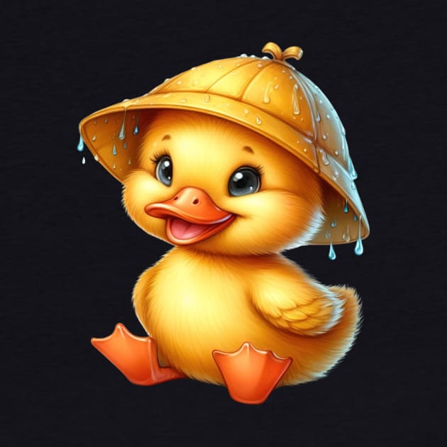 Cute Yellow Duck sitting in the rain wearing a rain hat. by 1AlmightySprout